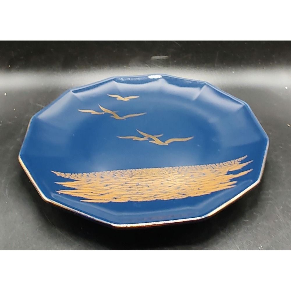 Vintage Otagiri Octagonal Cobalt Blue Ceramic Plate Seagulls Bird Nautical 8"